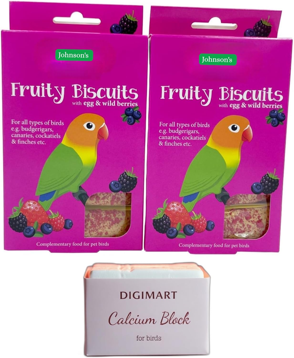 DIGIMART Calcium Block With Johnsons FRUITY BISCUITS with EGG and Wild BERRIES for Budgies, Canaries, Cockatiels and Finches For All Birds