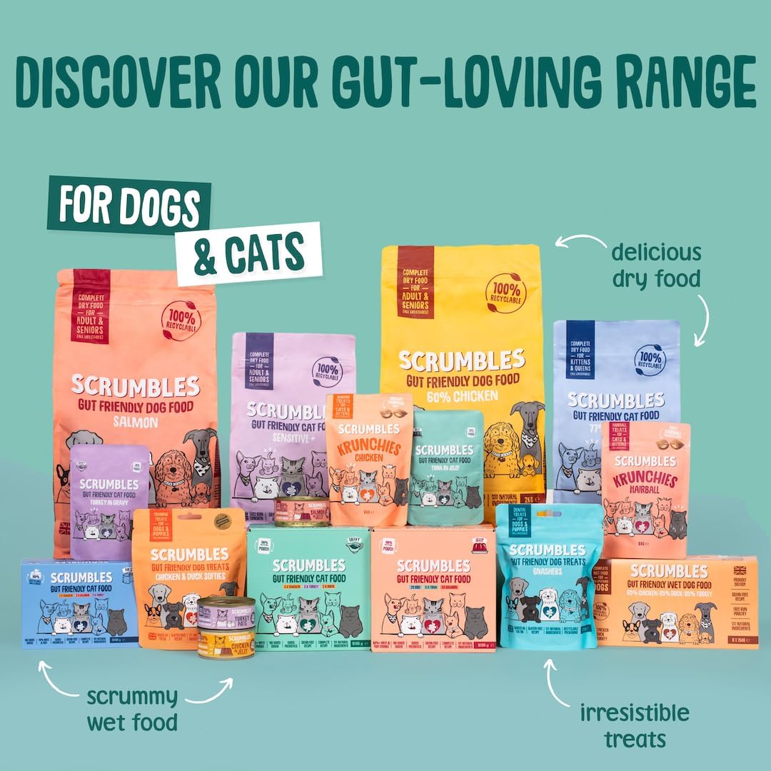 Scrumbles • Wet Cat Pouches • Gravy Fish • Hypoallergenic • All Lifestages • 2x Chicken with Tuna • 3x Chicken with Cod • 2xChicken with Salmon • 8 Pouches (85g) • 80%+ Meat • Prebiotics