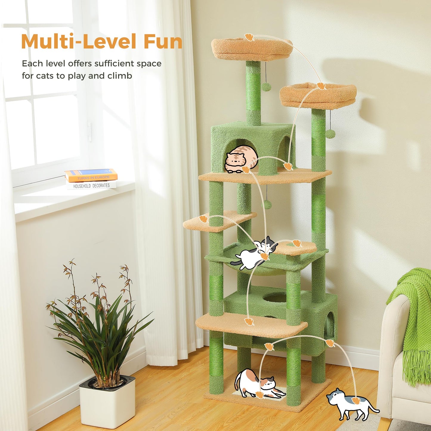 PAWZ Road Cat Tree for Large Cats, 184cm Tall Cat Tower with Large Condo