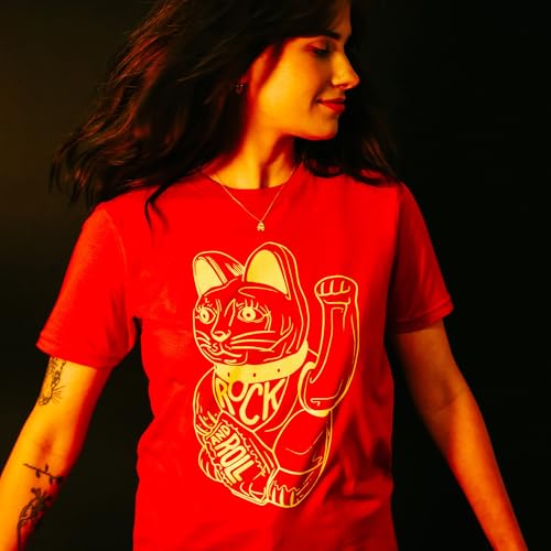 DB DEADBEAT Lucky Cat Rock and Roll Motif Screen Printed Eco-Friendly Unisex Red T-Shirt for Men, Women and Teens. - Sayby’s