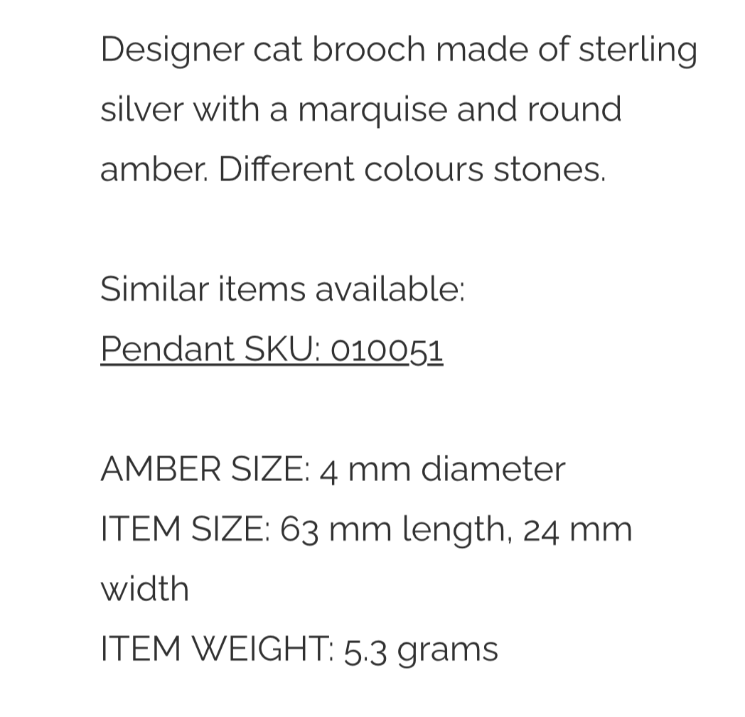 Silver Cat Brooch Multi Colour Amber. FREE DELIVERY - Sayby’s Sanctuary 