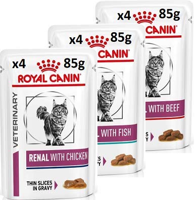 Royal Canin Feline Renal Mix of Tuna, Chicken, Beef Cat Food each 85g (Pack of 18)