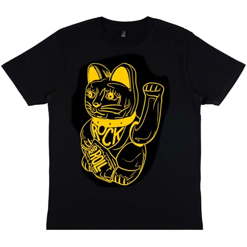 DB DEADBEAT Lucky Cat Rock and Roll Motif Screen Printed Eco-Friendly Unisex Black T-Shirt for Men, Women and Teens.