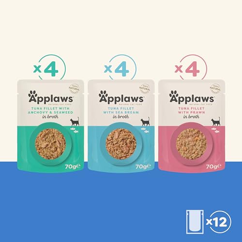 Applaws 100% Natural Wet Cat Food, Pouch Multipack Tuna Selection in Broth, 70 g (12 x 70 g Pouches)