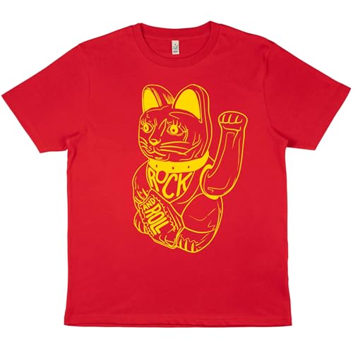 DB DEADBEAT Lucky Cat Rock and Roll Motif Screen Printed Eco-Friendly Unisex Red T-Shirt for Men, Women and Teens.