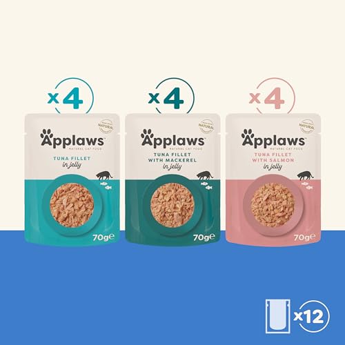 Applaws 100% Natural Wet Cat Food, Pouch Multipack Tuna Selection in Broth, 70 g (12 x 70 g Pouches)