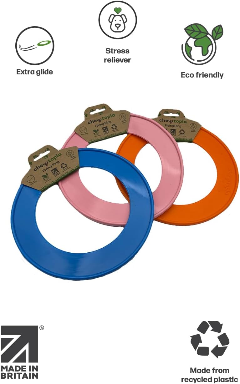 Chewtopia Throw Ring Flying Ring, Frisbee Dog Toy, Flexible and Bright Colour, Made in the UK Fetch Toy, Made From Recycled Plastics, Outdoor Dog Toy