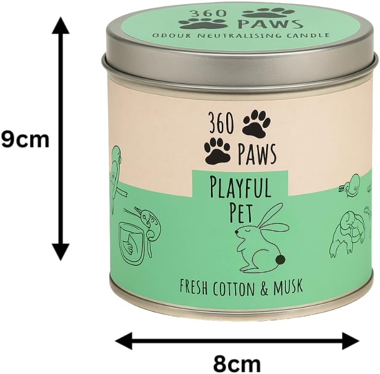 360 Paws Playful Pet Odour Neutralising Candle, Fresh Cotton & Musk, 50 Hour Burn Time, Pet-Safe AromaGuard™ Technology, Natural Wax, Reusable Tin