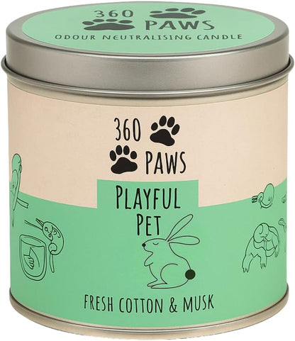 360 Paws Playful Pet Odour Neutralising Candle, Fresh Cotton & Musk, 50 Hour Burn Time, Pet-Safe AromaGuard™ Technology, Natural Wax, Reusable Tin