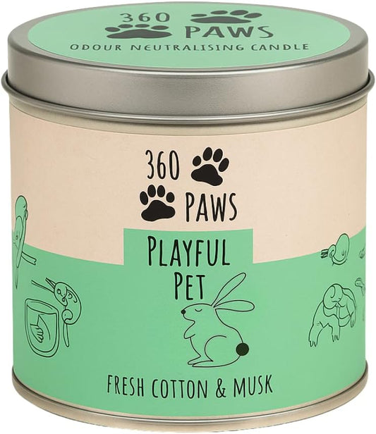 360 Paws Playful Pet Odour Neutralising Candle, Fresh Cotton & Musk, 50 Hour Burn Time, Pet-Safe AromaGuard™ Technology, Natural Wax, Reusable Tin