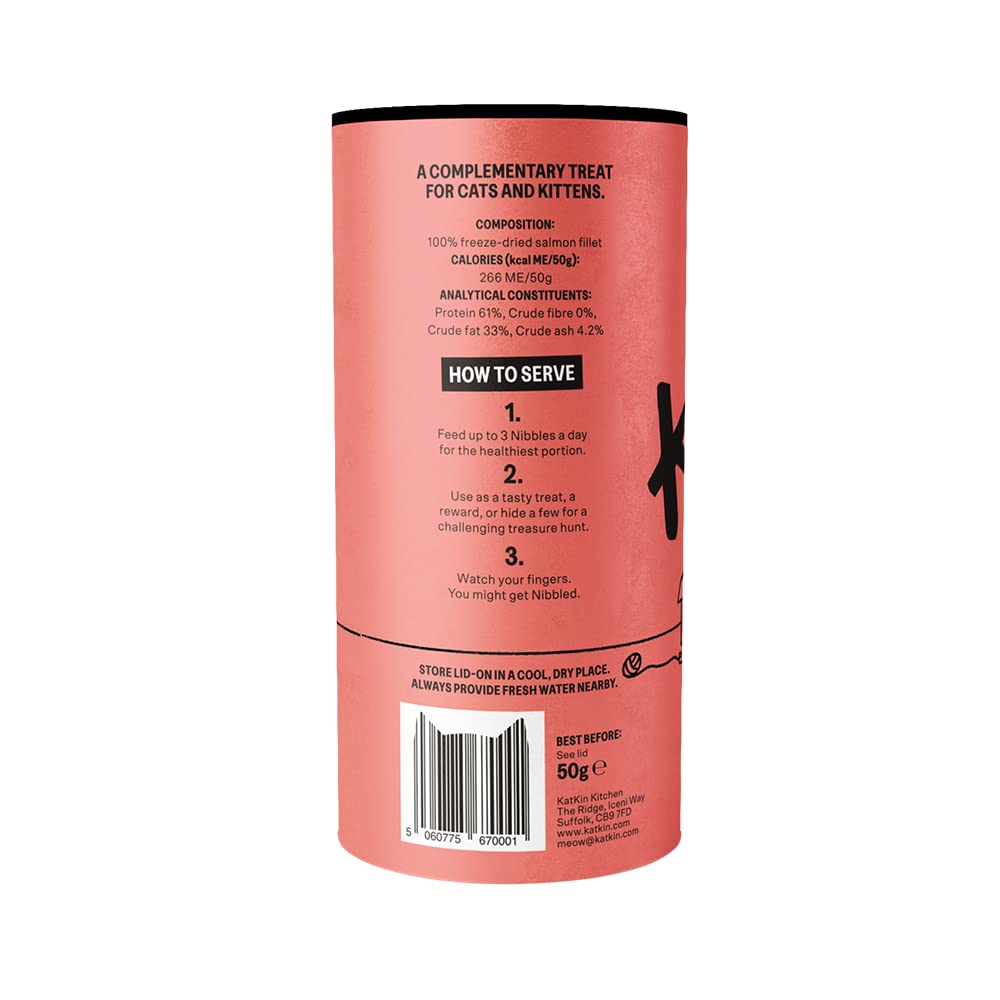 KatKin Salmon Nibbles (50g Tube) - 100% Fresh Fillet Freeze-Dried Cat Treats Made in the UK for Cats and Kittens