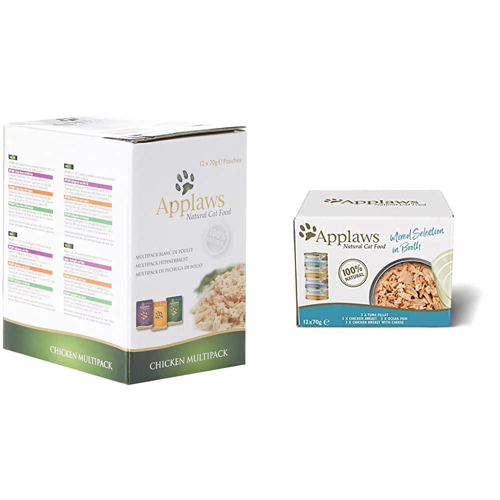 Applaws 100% Natural Wet Cat Food, Pouch Multipack Tuna Selection in Broth, 70 g (12 x 70 g Pouches)
