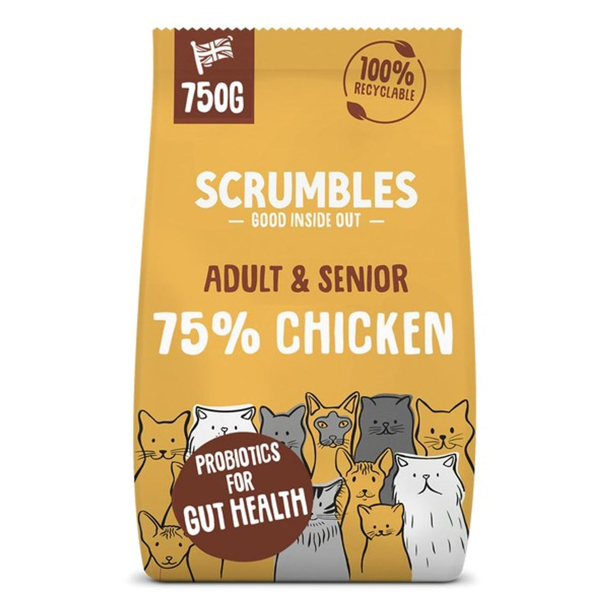 Scrumbles • Dry Cat Food • Hypoallergenic • All Lifestages • Chicken 74% • 700g Bag • Joint Care • Natural Complete Adult Recipe • Gut Friendly Prebiotics & Probiotics • Gluten Free