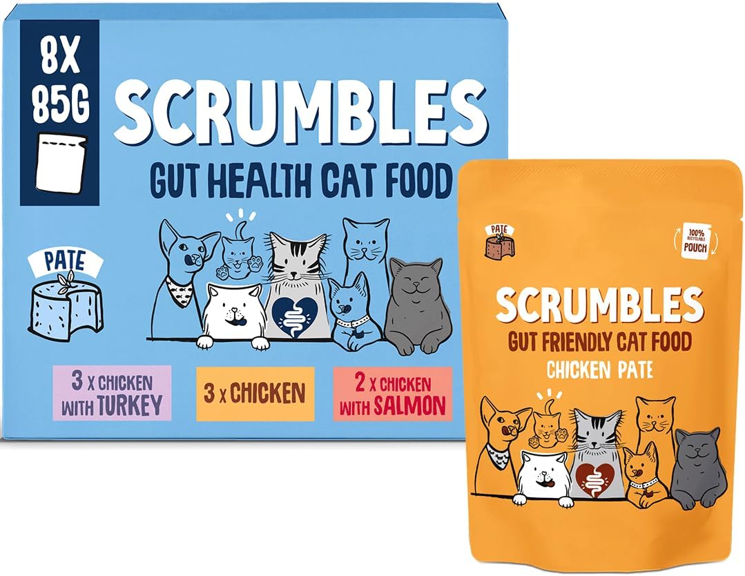 Scrumbles • Wet Cat Pouches • Gravy Fish • Hypoallergenic • All Lifestages • 2x Chicken with Tuna • 3x Chicken with Cod • 2xChicken with Salmon • 8 Pouches (85g) • 80%+ Meat • Prebiotics