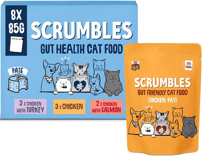 Scrumbles • Wet Cat Pouches • Gravy Fish • Hypoallergenic • All Lifestages • 2x Chicken with Tuna • 3x Chicken with Cod • 2xChicken with Salmon • 8 Pouches (85g) • 80%+ Meat • Prebiotics