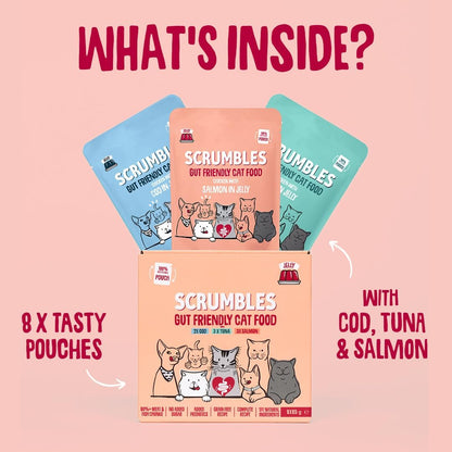 Scrumbles • Wet Cat Pouches • Gravy Fish • Hypoallergenic • All Lifestages • 2x Chicken with Tuna • 3x Chicken with Cod • 2xChicken with Salmon • 8 Pouches (85g) • 80%+ Meat • Prebiotics