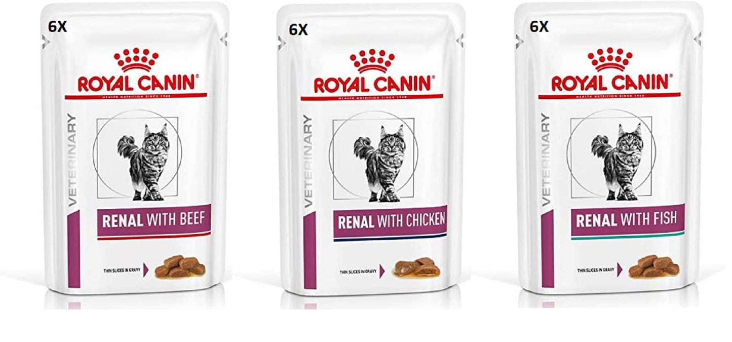 Royal Canin Feline Renal Mix of Tuna, Chicken, Beef Cat Food each 85g (Pack of 18)