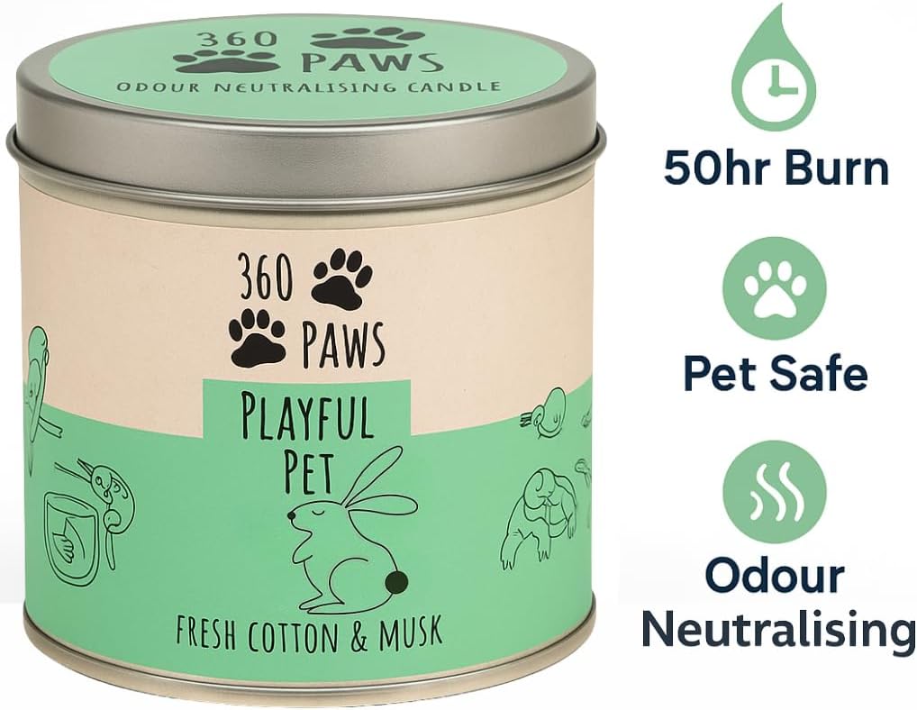 360 Paws Playful Pet Odour Neutralising Candle, Fresh Cotton & Musk, 50 Hour Burn Time, Pet-Safe AromaGuard™ Technology, Natural Wax, Reusable Tin