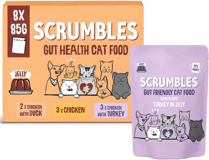 Scrumbles • Wet Cat Pouches • Gravy Fish • Hypoallergenic • All Lifestages • 2x Chicken with Tuna • 3x Chicken with Cod • 2xChicken with Salmon • 8 Pouches (85g) • 80%+ Meat • Prebiotics
