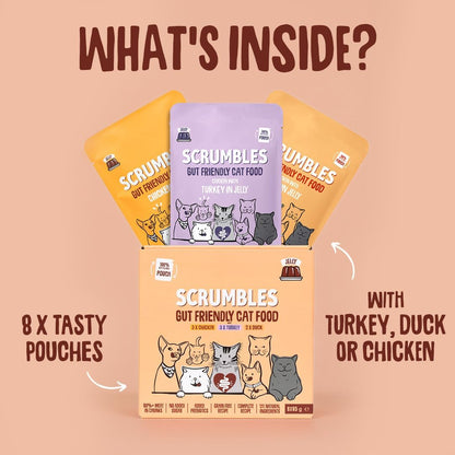 Scrumbles • Wet Cat Pouches • Gravy Fish • Hypoallergenic • All Lifestages • 2x Chicken with Tuna • 3x Chicken with Cod • 2xChicken with Salmon • 8 Pouches (85g) • 80%+ Meat • Prebiotics