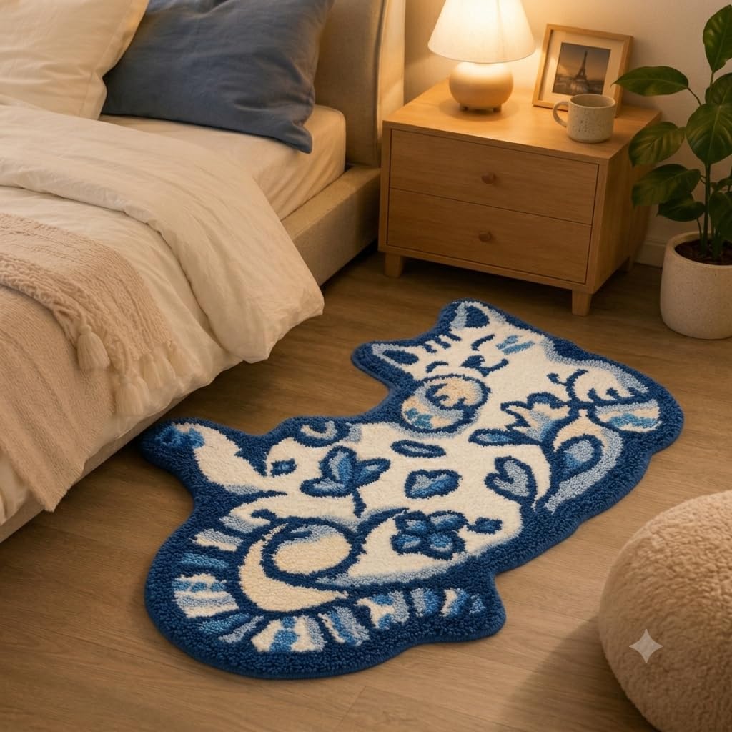 Cute Cat Bath Mat, Unique Blue Small Fun Bathroom Rug