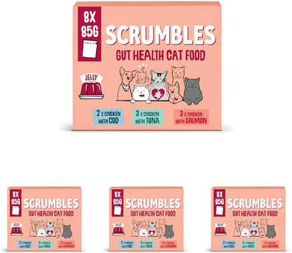 Scrumbles • Wet Cat Pouches • Gravy Fish • Hypoallergenic • All Lifestages • 2x Chicken with Tuna • 3x Chicken with Cod • 2xChicken with Salmon • 8 Pouches (85g) • 80%+ Meat • Prebiotics