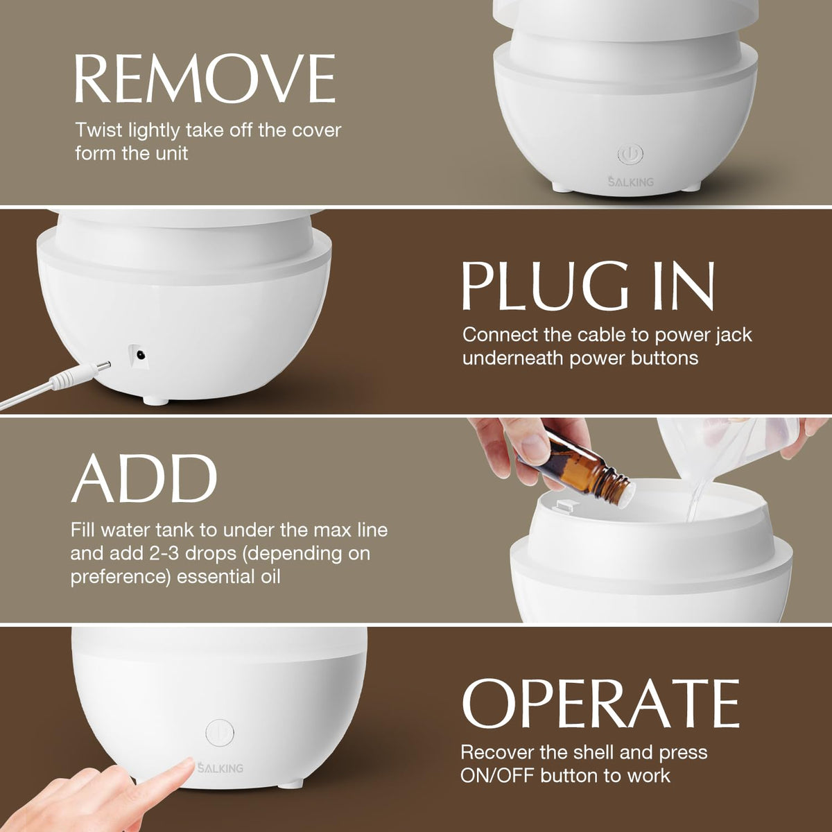 SALKING Essential Oil Diffuser, 100ml Small Aromatherapy Ultrasonic Cool Mist Humidifier with Warm White Lights, Auto Shut-Off Function, for Office Home