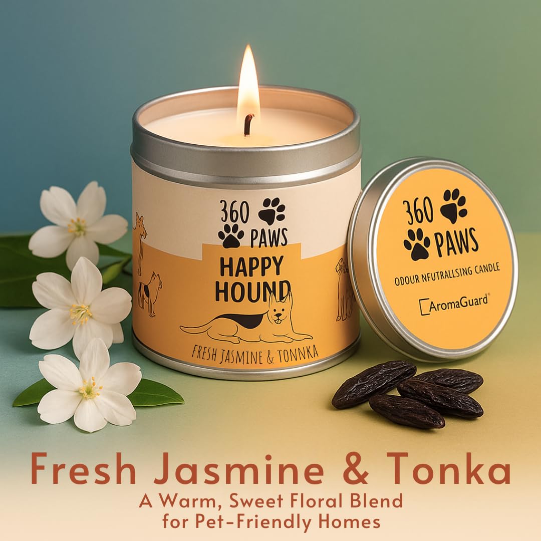 360 Paws Playful Pet Odour Neutralising Candle, Fresh Cotton & Musk, 50 Hour Burn Time, Pet-Safe AromaGuard™ Technology, Natural Wax, Reusable Tin