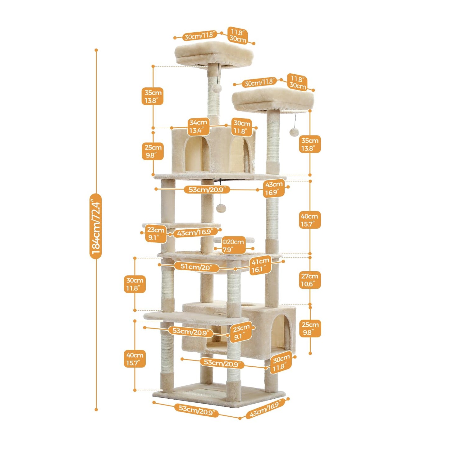 PAWZ Road Cat Tree for Large Cats, 184cm Tall Cat Tower with Large Condo