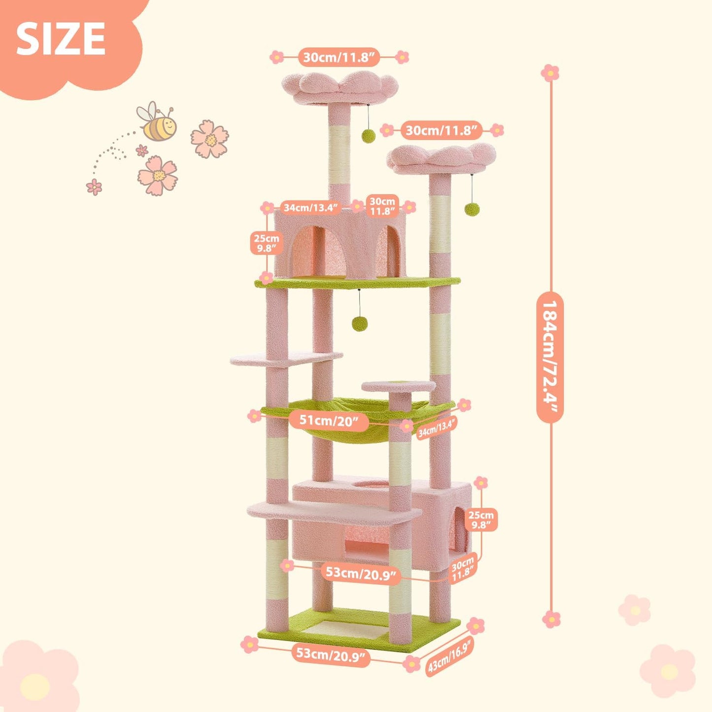 PAWZ Road Cat Tree for Large Cats, 184cm Tall Cat Tower with Large Condo