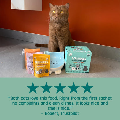 Scrumbles • Wet Cat Pouches • Gravy Fish • Hypoallergenic • All Lifestages • 2x Chicken with Tuna • 3x Chicken with Cod • 2xChicken with Salmon • 8 Pouches (85g) • 80%+ Meat • Prebiotics