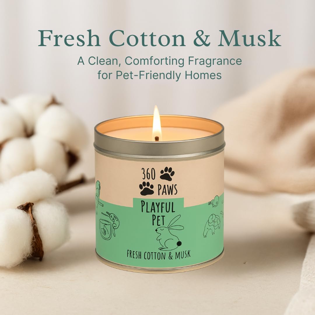 360 Paws Playful Pet Odour Neutralising Candle, Fresh Cotton & Musk, 50 Hour Burn Time, Pet-Safe AromaGuard™ Technology, Natural Wax, Reusable Tin