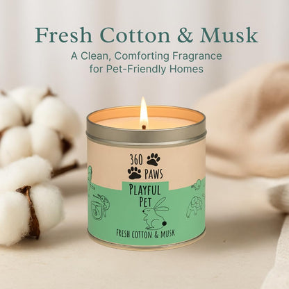 360 Paws Playful Pet Odour Neutralising Candle, Fresh Cotton & Musk, 50 Hour Burn Time, Pet-Safe AromaGuard™ Technology, Natural Wax, Reusable Tin