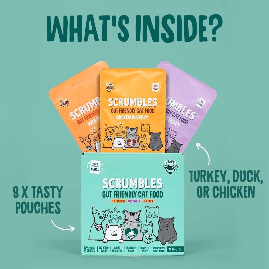 Scrumbles • Wet Cat Pouches • Gravy Fish • Hypoallergenic • All Lifestages • 2x Chicken with Tuna • 3x Chicken with Cod • 2xChicken with Salmon • 8 Pouches (85g) • 80%+ Meat • Prebiotics