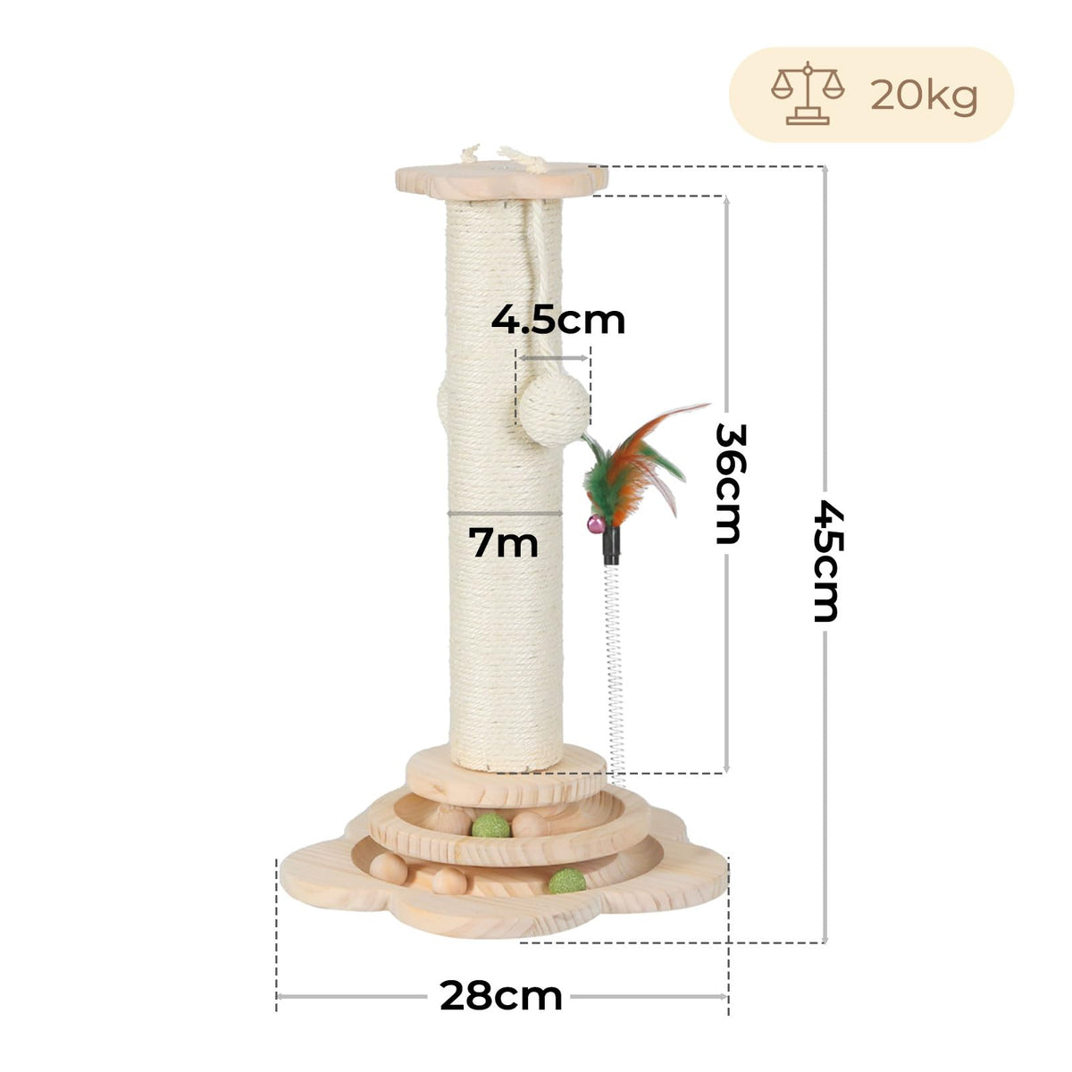 skylos 71cm Cat Scratching Post with Plush Resting Platform Natural Sisal,Anti-Tip,Easy Assembly,Grey