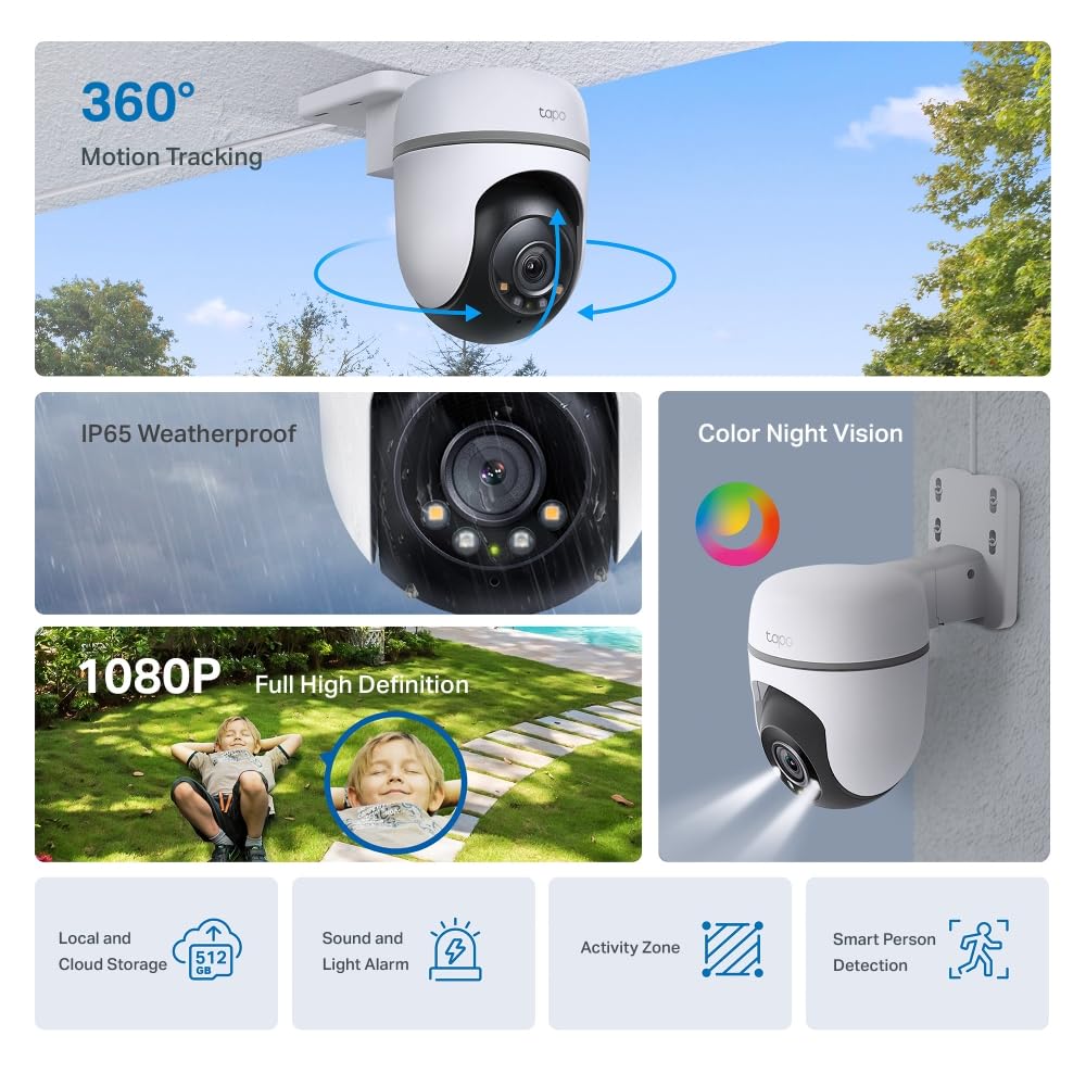 Tapo TC40 Pan/Tilt Smart Security Outdoor Camera, Full HD, 360° Smart Person Detection Motion Tracking, Color Night Vision, WiFi Camera No Monthly Fee, Two-Way Talk, IP65, Works with Alexa & Google