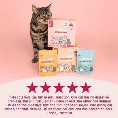 Scrumbles • Wet Cat Pouches • Gravy Fish • Hypoallergenic • All Lifestages • 2x Chicken with Tuna • 3x Chicken with Cod • 2xChicken with Salmon • 8 Pouches (85g) • 80%+ Meat • Prebiotics