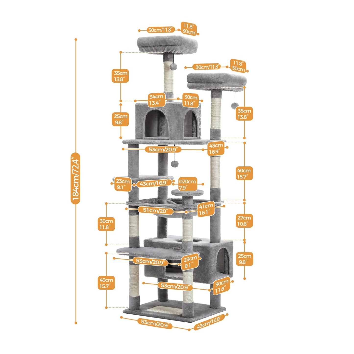 PAWZ Road Cat Tree for Large Cats, 184cm Tall Cat Tower with Large Condo