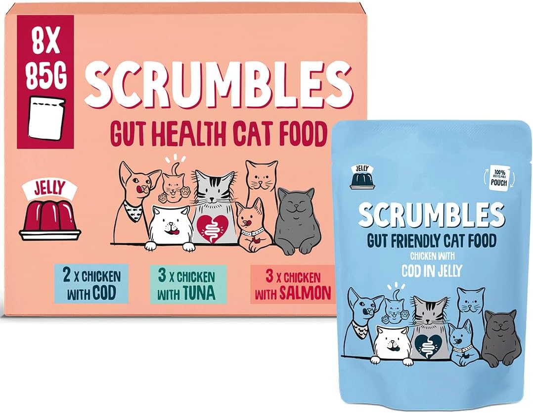 Scrumbles • Wet Cat Pouches • Gravy Fish • Hypoallergenic • All Lifestages • 2x Chicken with Tuna • 3x Chicken with Cod • 2xChicken with Salmon • 8 Pouches (85g) • 80%+ Meat • Prebiotics