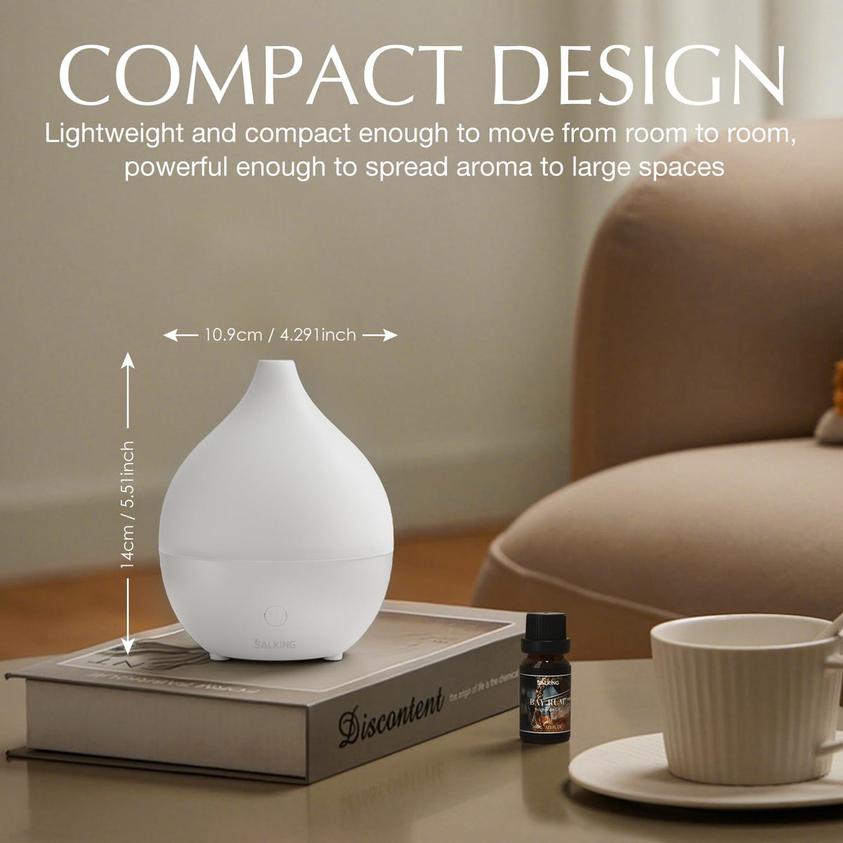 SALKING Essential Oil Diffuser, 100ml Small Aromatherapy Ultrasonic Cool Mist Humidifier with Warm White Lights, Auto Shut-Off Function, for Office Home