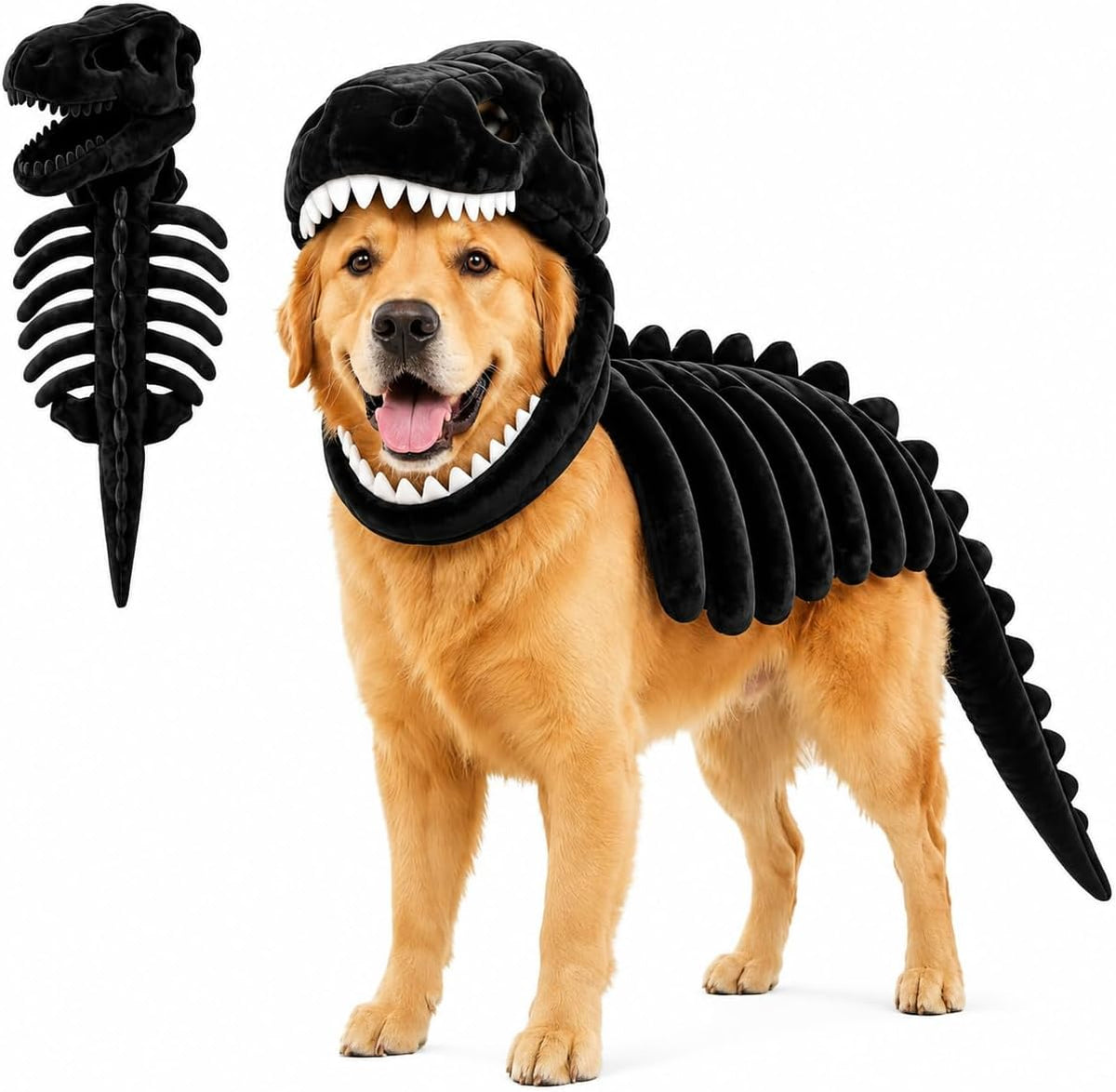 Dog Dinosaur Skeleton Halloween Costume, Plush Dino Pet Costume for Small, Medium, and Large Dogs, Funny Dog Cosplay Outfit for Halloween Party Decorations，Black：90cm