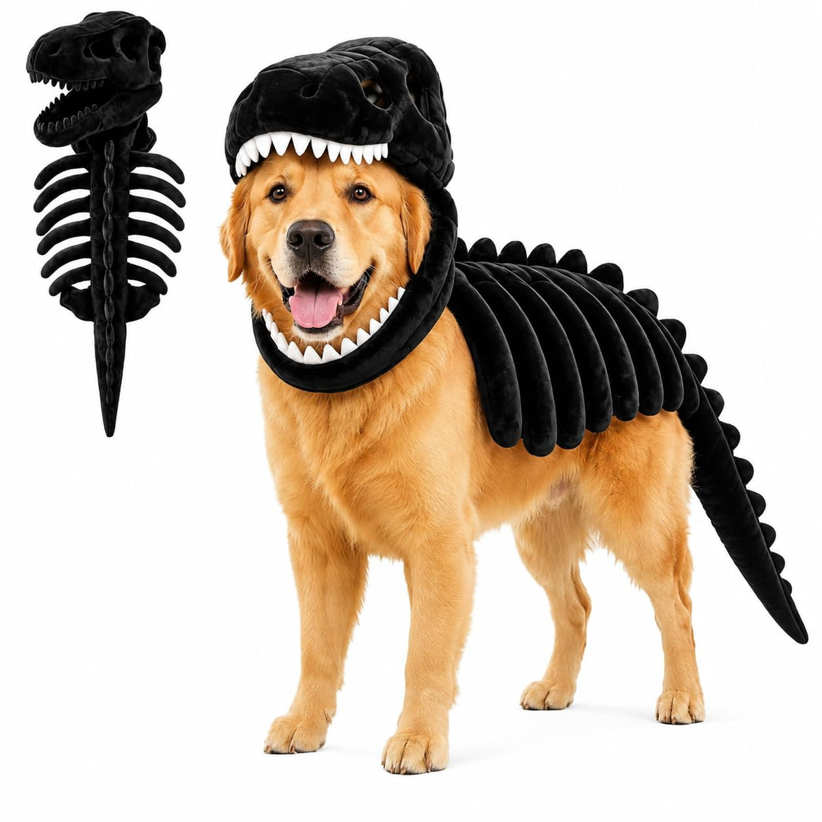 Dog Dinosaur Skeleton Halloween Costume, Plush Dino Pet Costume for Small, Medium, and Large Dogs, Funny Dog Cosplay Outfit for Halloween Party Decorations，Black：90cm