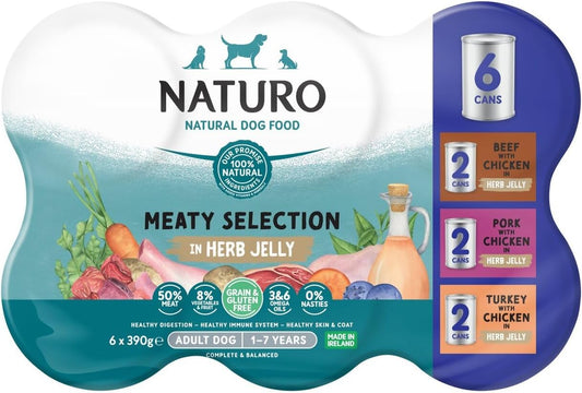 Naturo Adult Grain & Gluten Free Meat Chunks Variety Wet Dog Food Cans(6x Beef 3xPork 3XTurky) - 12 x 390g