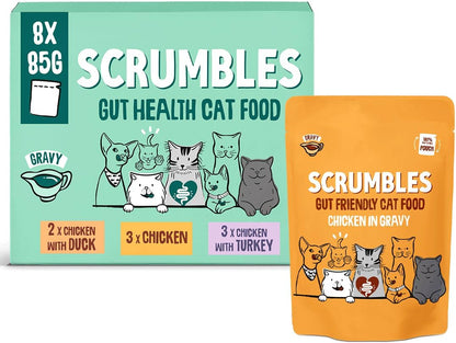Scrumbles • Wet Cat Pouches • Gravy Fish • Hypoallergenic • All Lifestages • 2x Chicken with Tuna • 3x Chicken with Cod • 2xChicken with Salmon • 8 Pouches (85g) • 80%+ Meat • Prebiotics