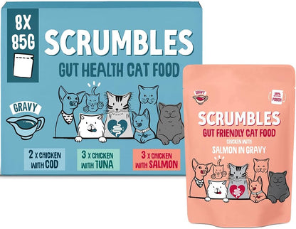 Scrumbles • Wet Cat Pouches • Gravy Fish • Hypoallergenic • All Lifestages • 2x Chicken with Tuna • 3x Chicken with Cod • 2xChicken with Salmon • 8 Pouches (85g) • 80%+ Meat • Prebiotics