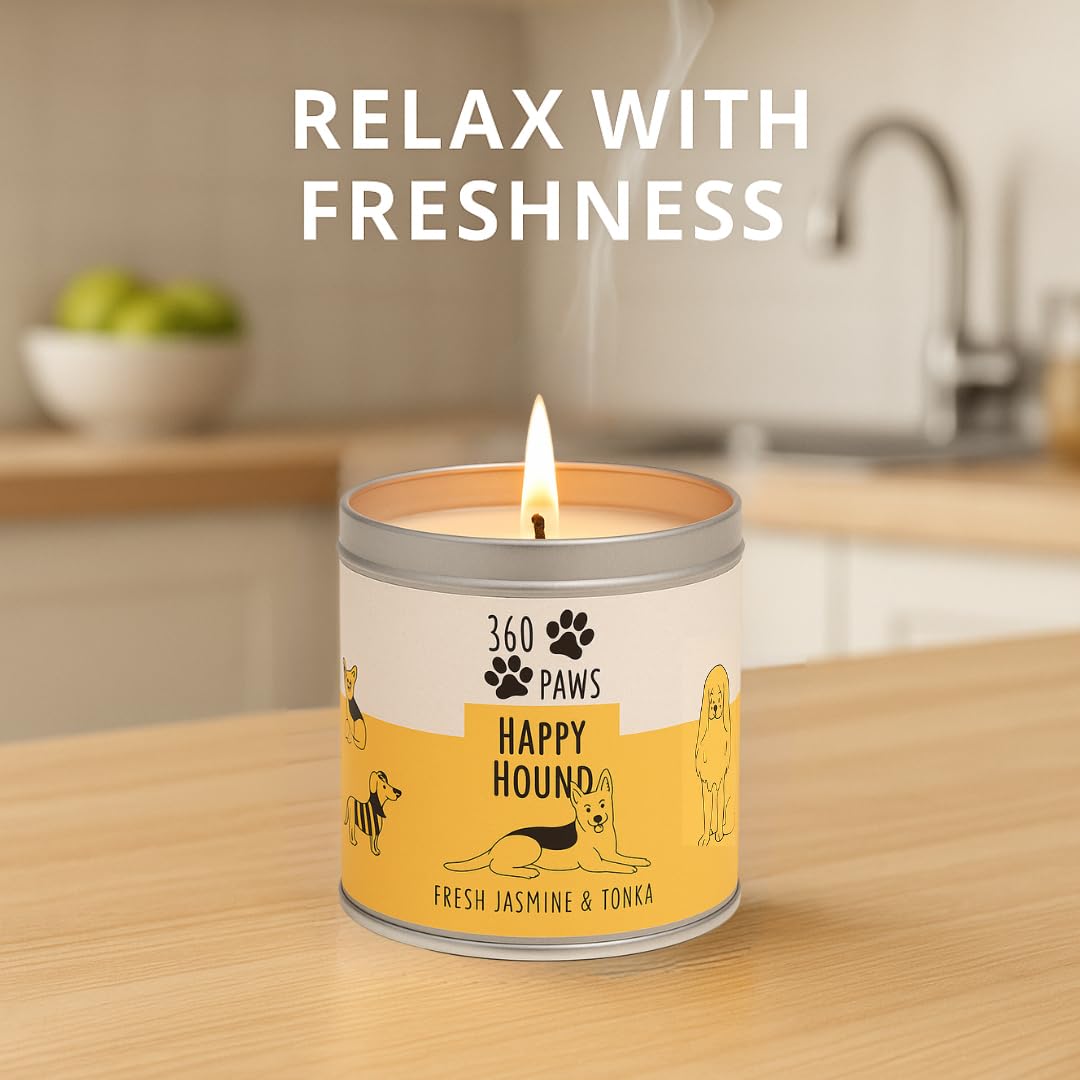 360 Paws Playful Pet Odour Neutralising Candle, Fresh Cotton & Musk, 50 Hour Burn Time, Pet-Safe AromaGuard™ Technology, Natural Wax, Reusable Tin