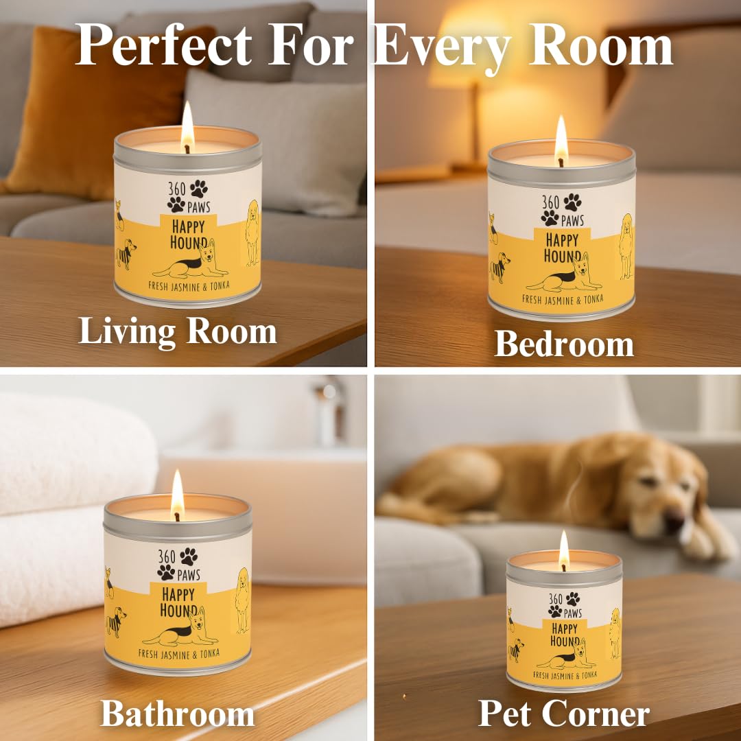 360 Paws Playful Pet Odour Neutralising Candle, Fresh Cotton & Musk, 50 Hour Burn Time, Pet-Safe AromaGuard™ Technology, Natural Wax, Reusable Tin