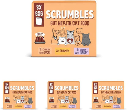 Scrumbles • Wet Cat Pouches • Gravy Fish • Hypoallergenic • All Lifestages • 2x Chicken with Tuna • 3x Chicken with Cod • 2xChicken with Salmon • 8 Pouches (85g) • 80%+ Meat • Prebiotics