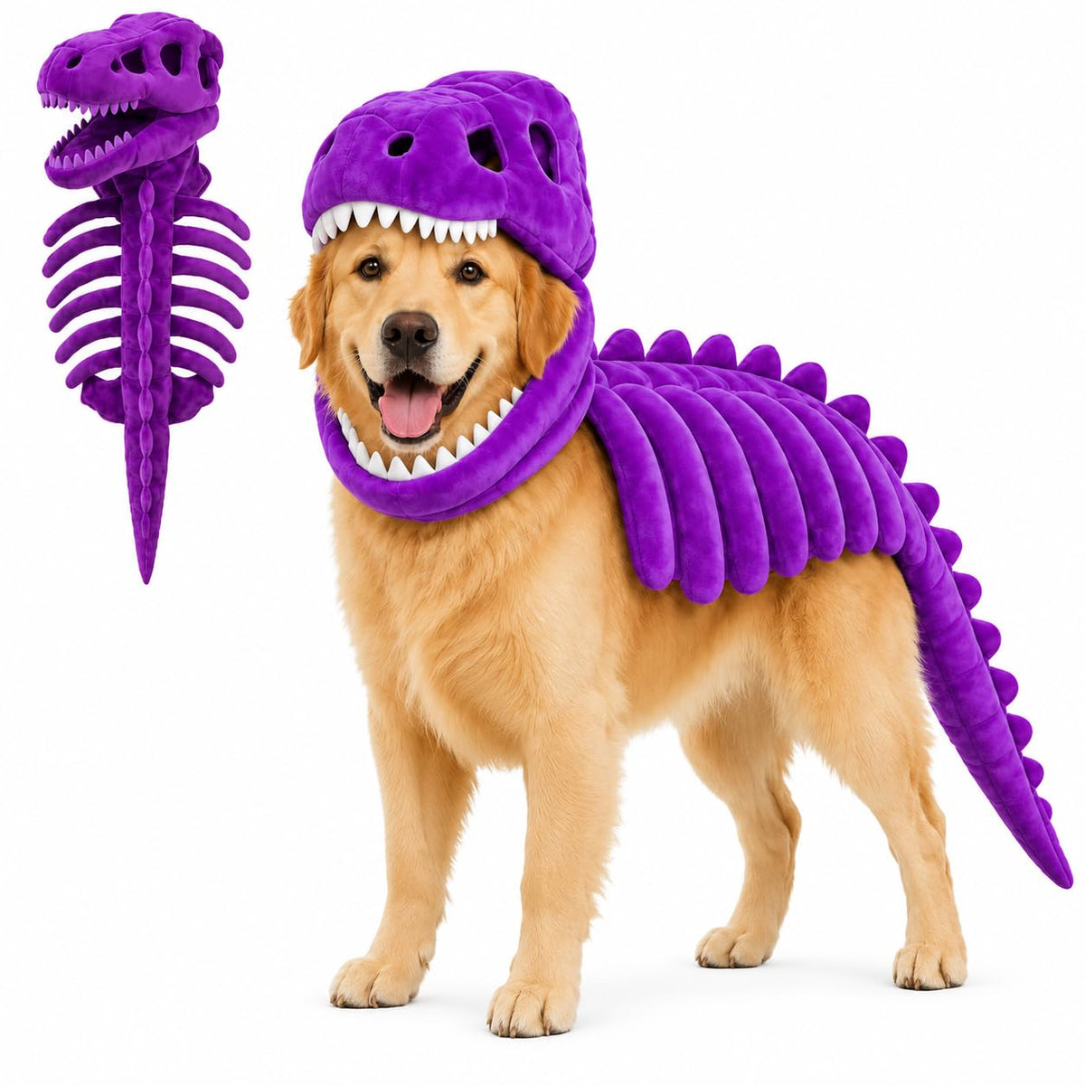 Dog Dinosaur Skeleton Halloween Costume, Plush Dino Pet Costume for Small, Medium, and Large Dogs, Funny Dog Cosplay Outfit for Halloween Party Decorations，Black：90cm