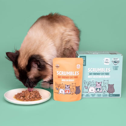 Scrumbles • Wet Cat Pouches • Gravy Fish • Hypoallergenic • All Lifestages • 2x Chicken with Tuna • 3x Chicken with Cod • 2xChicken with Salmon • 8 Pouches (85g) • 80%+ Meat • Prebiotics